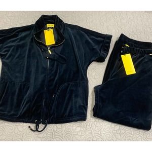 ST JOHN SPA SET 2 Pc Pants & Short Sleeve Jacket Caviar Black Velour New $700